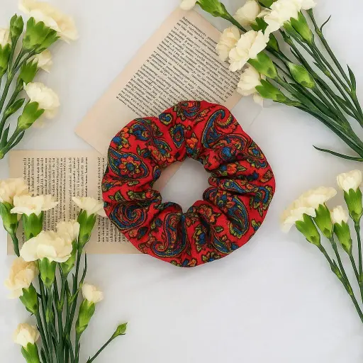 Classic Red Printed Premium Silk Scrunchie